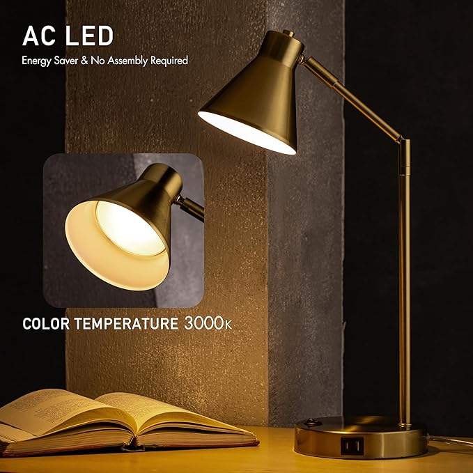 O'Bright Astrum - LED Desk Lamp with Dual USB Charging Ports, 100% Metal, 270 Degree Swivel Arms, Soft White Light (3000K), Bedside & Home Office Table Lamp, ETL Listed, Antique Brass Finish