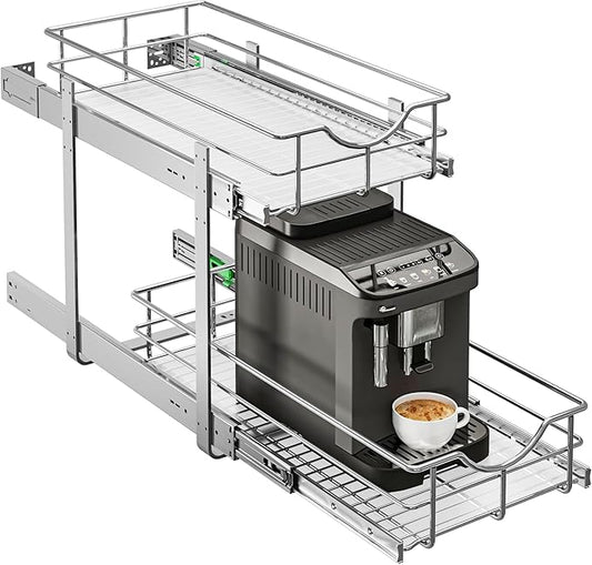 WelFurGeer 2-Tier Stainless Steel Pull Out Cabinet Organizer, Soft Close Damping Slides, Heavy Duty Chrome Plated Wire Basket with Shelf Liner, Perfect for Kitchen Cabinets, Pantry Storage, Under Sink