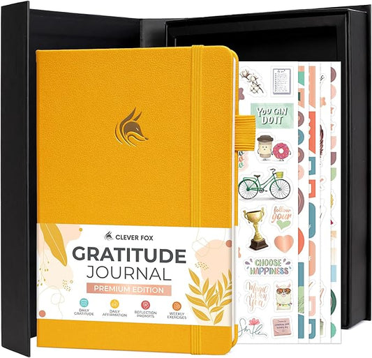 Clever Fox Gratitude Journal Premium - Happiness, Positivity & Affirmation Journal – Inspirational Daily Notebook, 6 Months (Amber Yellow)