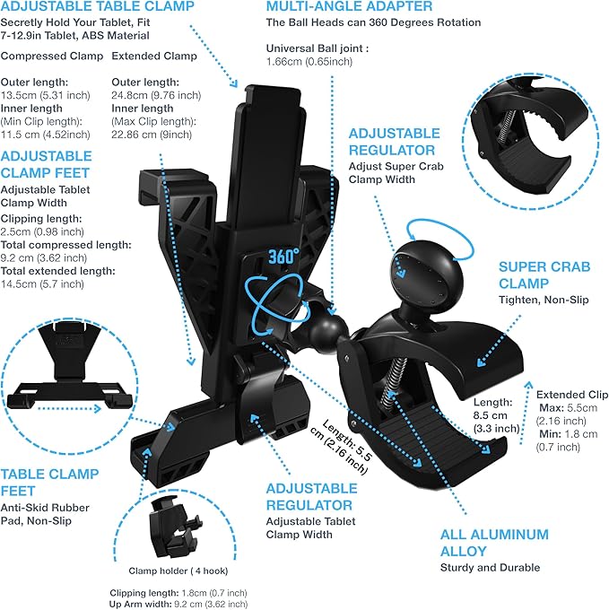 Randconcept - Treadmill Tablet Holder, Elliptical Tablet Holder, Large Clamp for Indoor Exercise Stationary Spin Bike, Mic Stand for iPad Pro 12.9 Air Mini Galaxy Tabs 5-13" Tablets