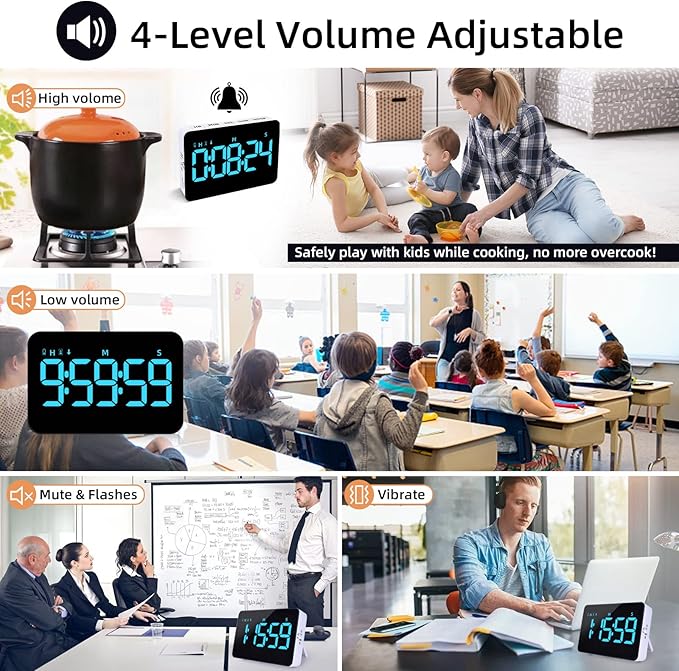 Rechargeable Digital Kitchen Timer for Cooking, Magnetic Timers with Countdown/up, Kids Timer with 5”LED Display 3 Brightness 4 Volume Adjustable for Classroom/Office/Home/Work/Fitness/Game（Blue）