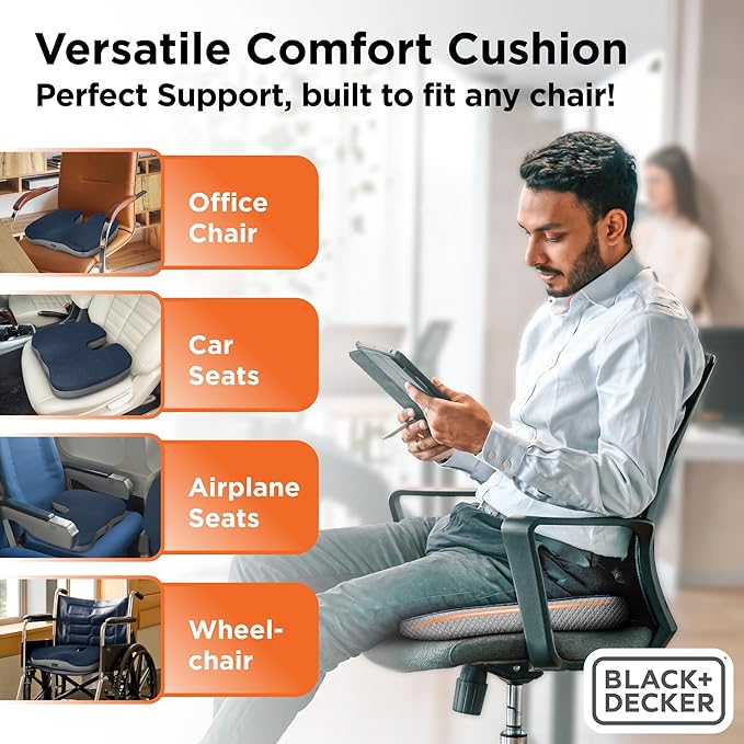 BLACK+DECKER Quilted Knit Memory Foam Seat Cushion U Seat Cushion for Office Chair, Car, Wheelchair & Airplane – Ergonomic, Pain Relief, Non-Slip Backing, Washable Cover, Blue/Grey