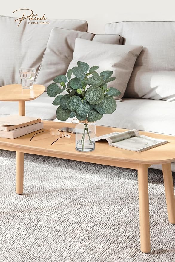 12" Fake Eucalyptus Stems in Vase with Faux Water,Artificial Plants Leaves for Shelf Desk Bathroom Farmhouse Room Coffee Table Home Decor (Eucalyptus-Fruit)