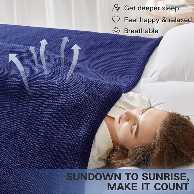 Guohaoi Knitted Weighted Blanket for Adults (Blue 50"x75" 20lbs) No Beads Cooling Throw Blanket for Hot Sleepers, Home Decor Breathable Chunky Knit Heavy Blanket Use on Full Size Bed