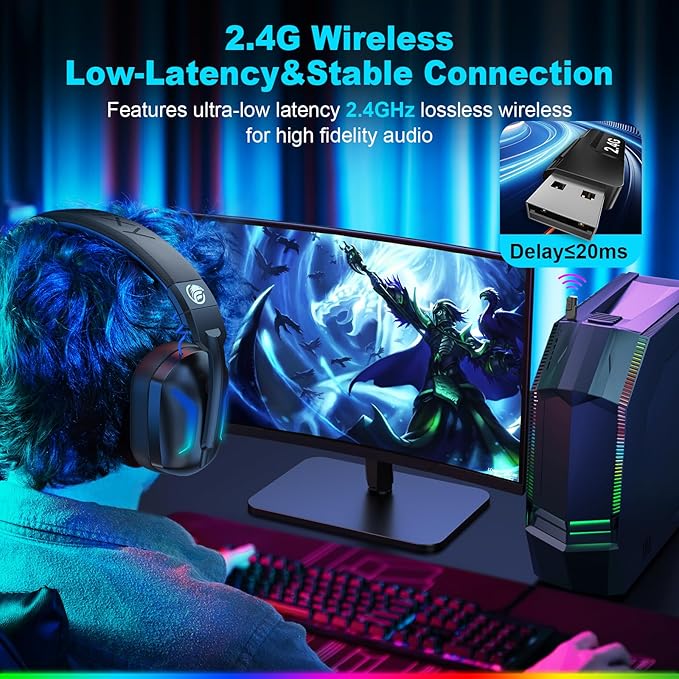Wireless Gaming Headset with Microphone for PC, PS5, PS4, Bluetooth Gaming Headphones - Fast Charge 50Hr Battery, Cool LED Lights for Switch, Laptop, Mobile, Mac 2.4GHz Gamer Headset