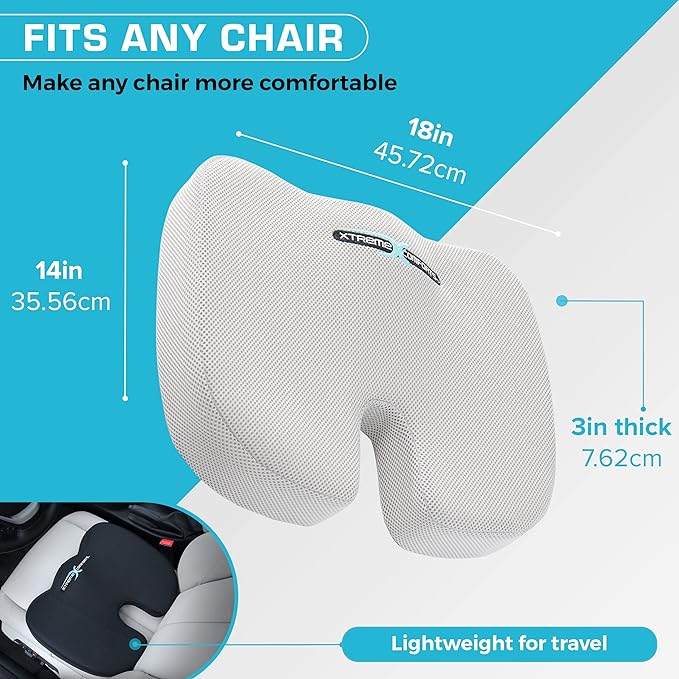 Xtreme Comforts Seat Cushions | Office Chair Cushions for Desk, Car, Wheelchair| Ergonomic Memory Foam Seat Cushion for Support & Comfort | Helps Improve Sitting Posture for Work & Body Relief