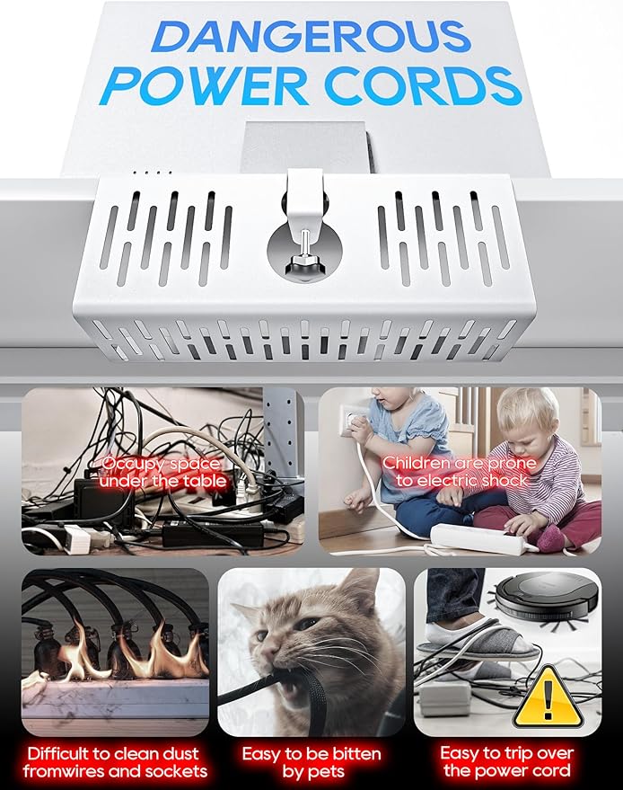 NODOCA No Drill Under Desk Cable Management Tray, 14'' Wire Management, Punch-Free Clamp on, Metal Cable Tray, Wire Organizer, Under Desk Basket for Office and Home, White