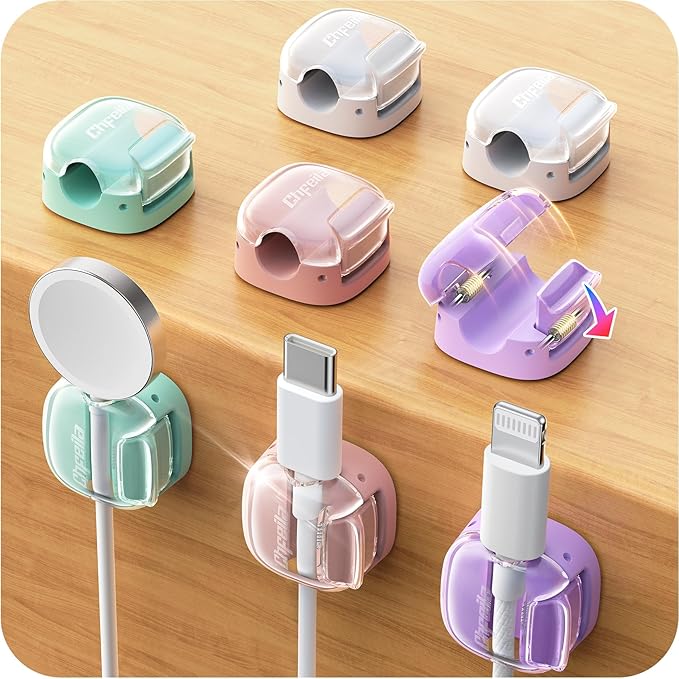 Cable Clips, Cord Organizer 8Pack Multicolor [Dual Spring & Clasp Lock] Under Desk Cable Management, Adhesive Cable Clips Wire Organizer Charger Cord Holder for Nightstand Office Car Desk Organization