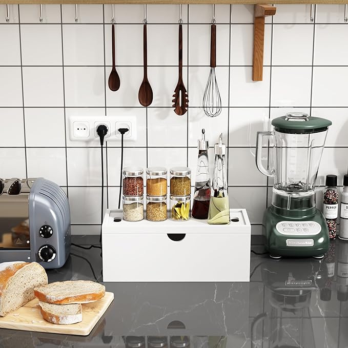 Bamboo Cable Management Box, Large Cord Organizer Box Cable Box to Hide Wires & Power Strips for Desktop Storage Cord Holder for Office Home,No Assembley Required (All White, Large)