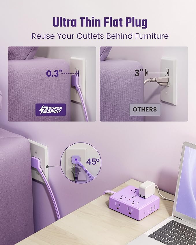 Purple Extension Cord 10Ft, Flat Plug Surge Protector Power Strip Kawaii, 8 Outlets & 4 USB Ports (2 USB C), Cute Stuff Purple Room Decor, Lavender Office Desk Accessories for Girls