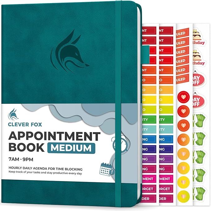 Clever Fox Appointment Book – Hourly Schedule Planner with Time Slots – Time Box Planner for Daily Work & To-Dos – Weekly & Monthly Spreads, Undated, Hardcover, A5 Size (Dark Teal)