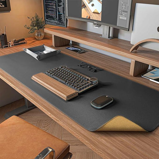 DAWNTREES Dual Sided Desk Mat,Leather Desk Pad,35.5"x17",Cork Desk Mat Protector,with PU Leather Valet Tray Organizer,Large Mouse Pad,Desk Writing Pad for Office and Home(Dark Gray)