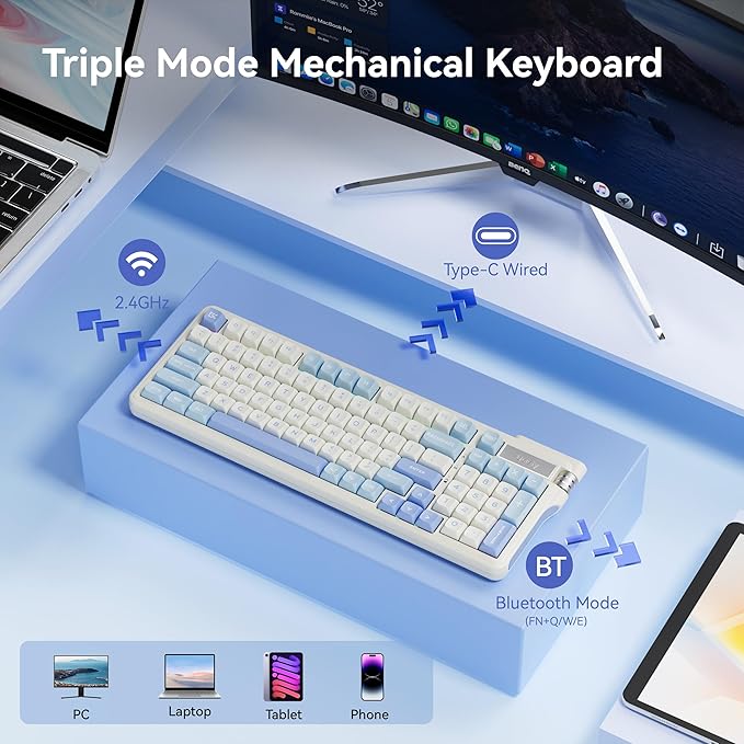 Uciefy VK96 Wireless Mechanical Keyboard Bluetooth/2.4G/USB C Wired 96 Keys Gaming Keyboard RGB Backlit, Gasket Mount, Hot Swappable Creamy Keyboard with Number Pad & Knob for PC/Win/Mac/Laptop-Blue