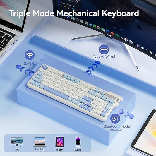 Uciefy VK96 Wireless Mechanical Keyboard Bluetooth/2.4G/USB C Wired 96 Keys Gaming Keyboard RGB Backlit, Gasket Mount, Hot Swappable Creamy Keyboard with Number Pad & Knob for PC/Win/Mac/Laptop-Blue
