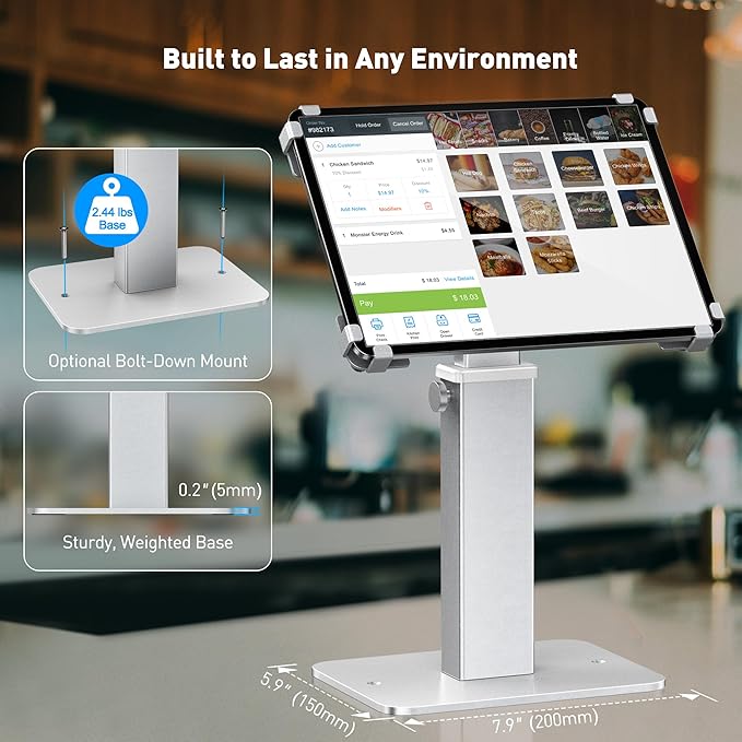 AboveTEK Anti-Theft iPad Kiosk Stand, 360 Rotation & Adj. Height 8.3"–13.4", Heavy-Duty Steel & Aluminum, Fits 9.7"-13" Tablets, Security Retail POS Tablet Stand for Business & Commercial Use (Silver)