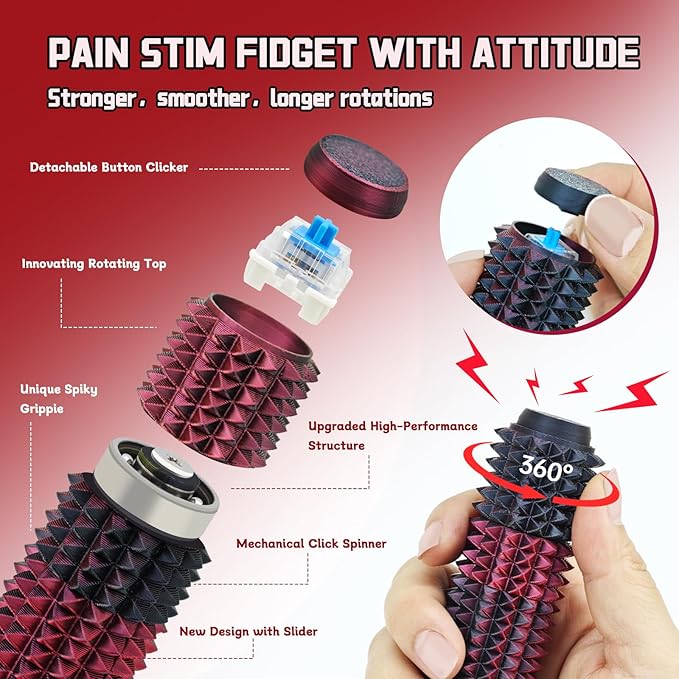 Little Ouchies Spiky Sensory Fidget Toy for Adults – Pain Stim Tool with Clicker, Spinner, Slider, Roller & Spiky Grip | 5‑in‑1 Stress & Anxiety Relief, Portable Keychain(Black & Red Laser)