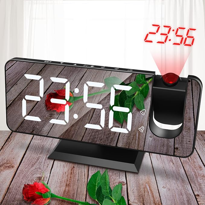 Projection Alarm Clock for Bedroom, Digital Alarm Clock with USB Charger, 7.4" Large LED Mirror Display Alarm Clock, Dual Smart Alarm with Projection on Ceiling, Black(No Temp Display)