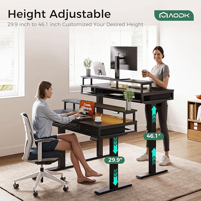 AODK Electric Standing Desk with Drawers & Keyboard Tray, 55 Inch Height Adjustable Desk with Power Outlets & LED Lights, Sit Stand Table with Monitor Stand for Home, Office, Black