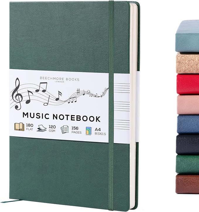 BEECHMORE BOOKS Blank Sheet Music Notebook – A4 8.5x11.5 for Songwriters, Musicians & Composers, 156 Thick 120gsm Pages, 10-Staff Perforated Sheets, Vegan Leather Hardcover, Elastic Closure, Gift Box