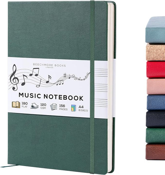 BEECHMORE BOOKS Blank Sheet Music Notebook – A4 8.5x11.5 for Songwriters, Musicians & Composers, 156 Thick 120gsm Pages, 10-Staff Perforated Sheets, Vegan Leather Hardcover, Elastic Closure, Gift Box