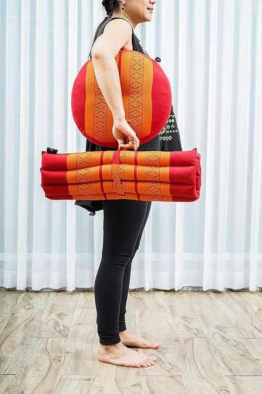 Leewadee Meditation Cushion Set – 1 Small Zafu Yoga Pillow and 1 Small Roll-Up Zabuton Mat Filled with Kapok