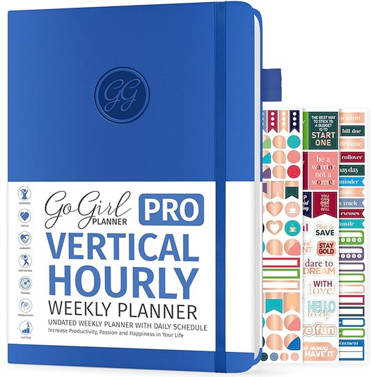 GoGirl Planner PRO Schedule - Undated Planner with Hourly Time Slots, Monthly, Weekly & Daily Organizer, Appointment Book for time Management, 7"x10" Hardcover, Lasts 1 Year - Blue