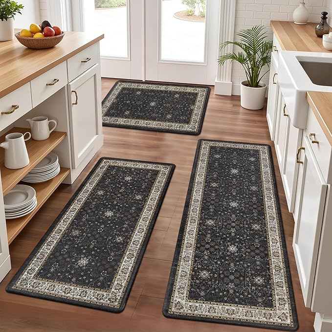 Pauwer Anti Fatigue Kitchen Mat Set of 3 Non Slip Kitchen Mats for Floor Cushioned Kitchen Rugs Comfort Standing Mat Farmhouse Waterproof PVC Foam Kitchen Floor Mat Runner, Black