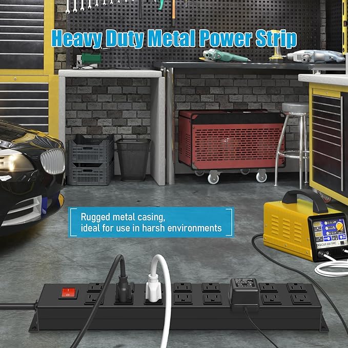 HHSOET Metal 16 Outlet Mountable Power Strip, Wall Mount Garage Workbench Socket, Gaming Table Surge Protector with 6 FT Power Cord.(Black)