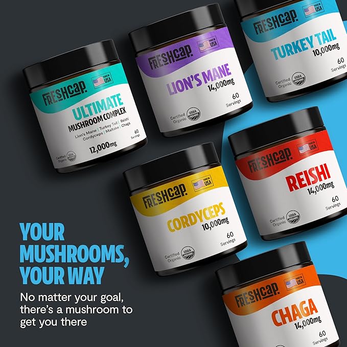 FreshCap Mushrooms Turkey Tail Mushroom Powder 10,000mg - Turkey Tail Supplement Mushroom Extract for Immune Support, Ayurveda Nootropic Supplement (60 Servings)