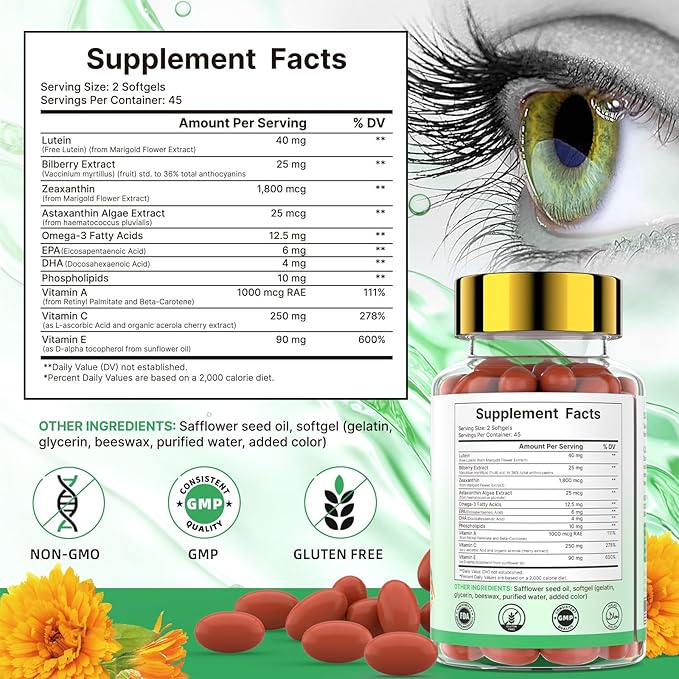 Lutein and Zeaxanthin Supplement, Lutein Eyes Vitamins Support Vision Clarity Macular Health Dry Eye Comfort Blue Light with Bilberry Extract Omega 3 Zinc and Vitamins C & E for Adults