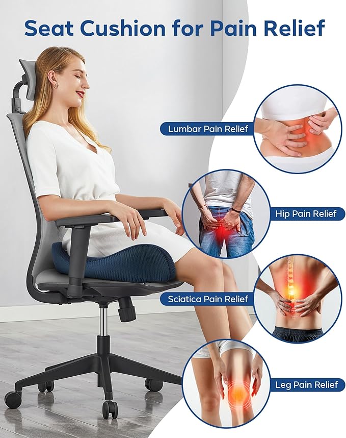 Feagar Seat Cushion - Office Chair Cushion for Hip, Sciatica & Tailbone Pain Relief - Memory Foam Pressure Relief Seat Cushion, Large Wrapped Design for Wheelchair, Car Seat & Long Sitting (Blue)