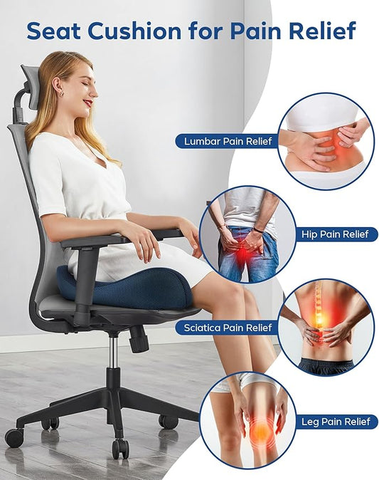 Feagar Seat Cushion - Office Chair Cushion for Hip, Sciatica & Tailbone Pain Relief - Memory Foam Pressure Relief Seat Cushion, Large Wrapped Design for Wheelchair, Car Seat & Long Sitting (Blue)