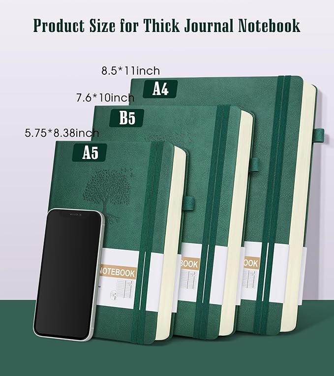 Lined Journal Notebook, 365 Pages B5 Large Journals for Writing Ruled Notebook, Hardcover Leather Journal for Women Men, Daily Notebook for Work, Note Taking, 100Gsm Thick Paper(7.6'' X 10'' Green)