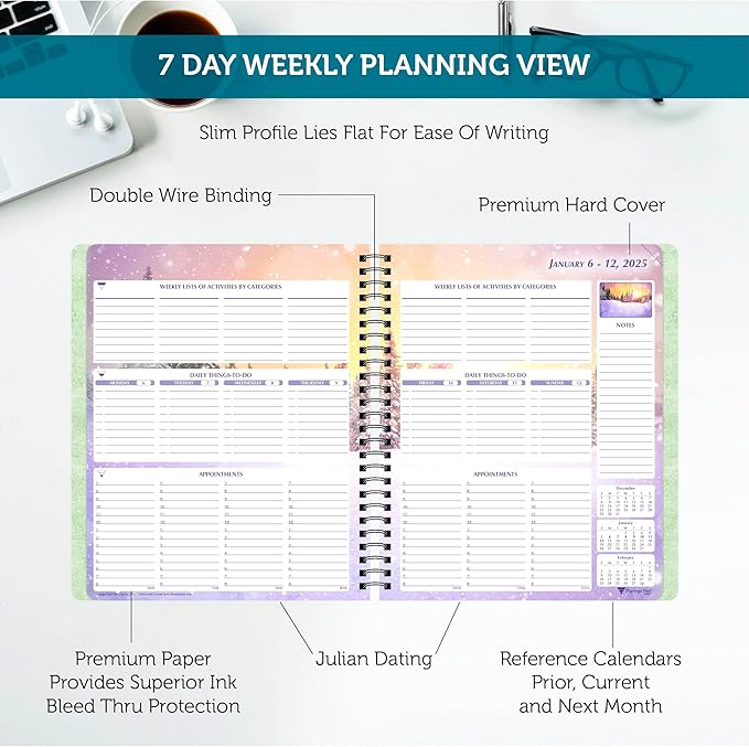 Planner Pad Spiral Bound January-December 2025/ Calendar Year 6 3/4" x 8 1/2" Medium 3-Tier Funnel Down 12 Month Organizer, Seasonal Color Ink