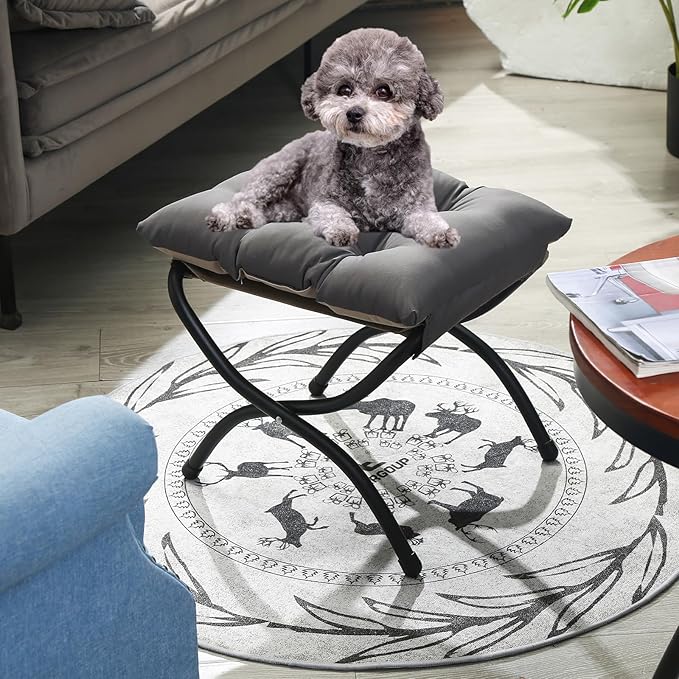 15" Foldable Foot Stool Ottoman with Metal Frame - Washable Dark Grey Upholstered Indoor/Outdoor Footrest for Living Room, Bedroom, Patio - Space-Saving Compact Design