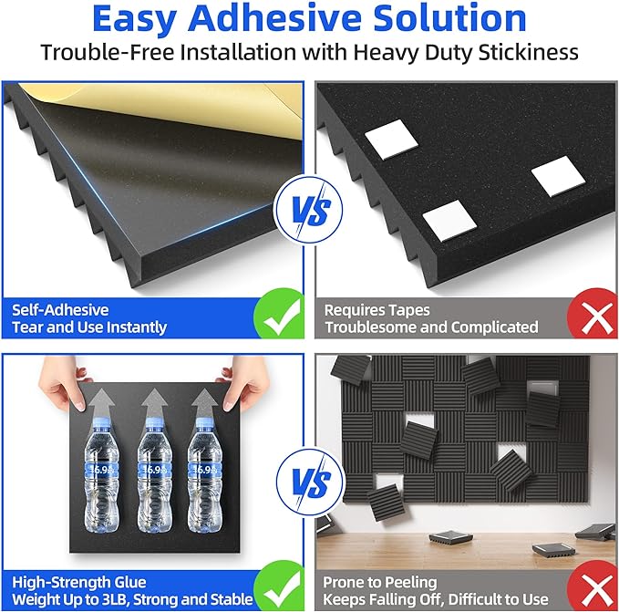 12 Pack Sound Proof Foam Panels for Wall with Self Adhesive, 3" X 12" X 12" High Density Acoustic Panels Sound Absorbing Quick-Recovery, Wedges Soundproof Wall Panels for Gaming & Studio Decor - Black