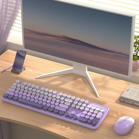 Colorful Wireless Keyboard and Mouse Combo, COVEVA 2.4GHz Wireless Retro Cute Round Keycaps Keyboard, 104 Keys Full-Sized Keyboard Mouse Set with Switch Button for PC Laptop Desktop (Purple Gradient)
