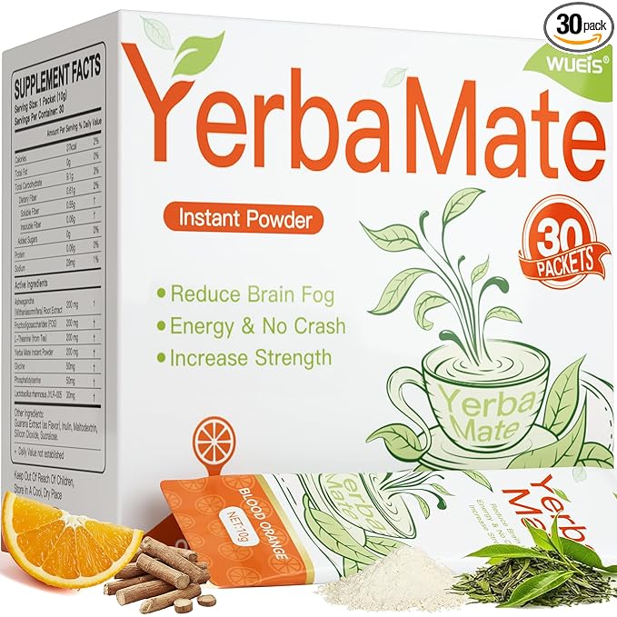 WUEIS Yerba Mate 10000mg Tea Instant Powder,Yerba Magic Powder Single Serve Sticks,Clean Energy,Rich in Prebiotics,Promote Gut Health- Super Yerba,Low Sugar-Natural Caffeine-Orange Flavor-30 Servings