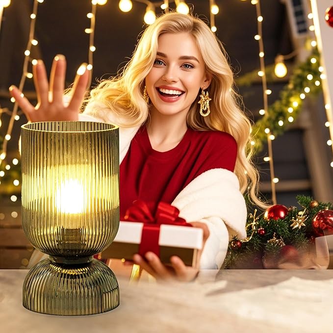 Modern RGB Glass Table Lamp with Remote，Color Changing Bedside Lamp with Ribbed Glass Shade, 16 Colors, On/Off Cord Switch, Nightstand Lamp for Bedroom, Living Room, Office, Bulb Included