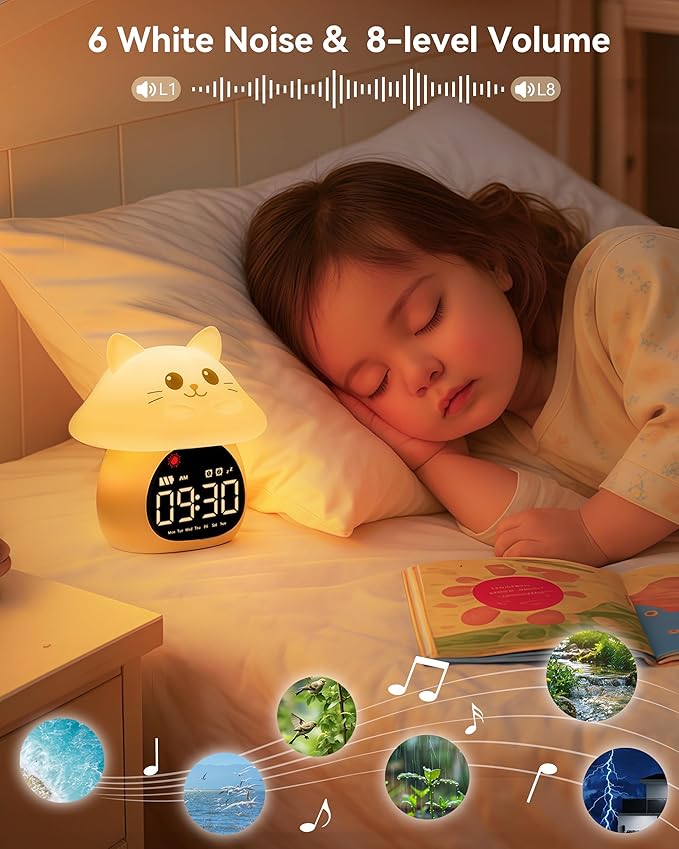 Yiliaw Sleep Training Alarm Clock with Night Light for Kids - Ok to Wake Clock with Dual Alarms, Night Light & RGB Colors, 6 Alarm Tones & White Noise, Rechargeable Clock for Boys & Girls, Cat