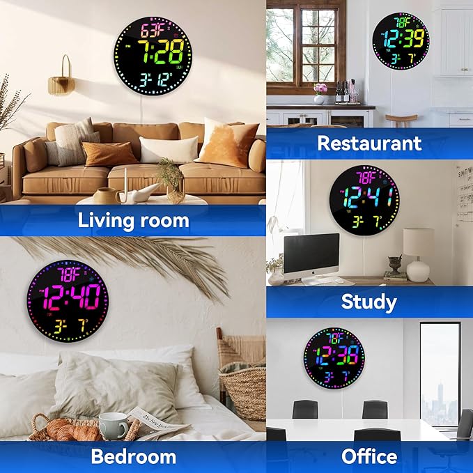 Kasbin 12 Inch Large Digital Wall Clock with Remote Control, RGB Color, Alarm, Timer, Date, Temperature, LED Display for Classroom, Living Room, Bedroom, Gift for Elderly (Black Mirror, 12")