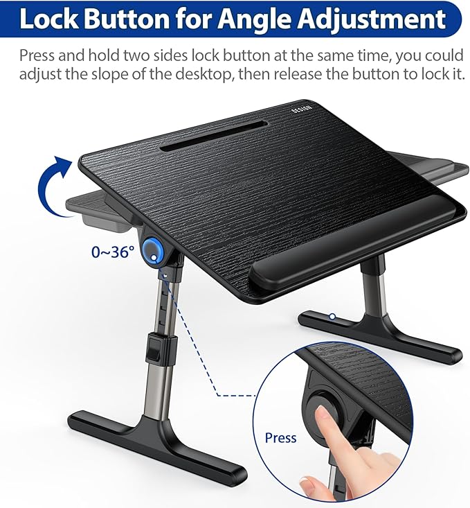 Besign LT07 Lap Desk [Extra Large], Adjustable Laptop Table, Portable Standing Bed Desk, Foldable Sofa Breakfast Tray, Notebook Computer Stand for Reading and Writing (Black)