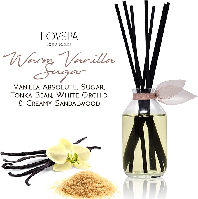 LOVSPA Reed Diffuser Set, Warm Vanilla Sugar Scented Oil Diffuser with Sticks, Home Fragrance Accessories for Bathroom Shelf Decor, Aroma Diffusers for Home or Office Fall Decor, USA Made