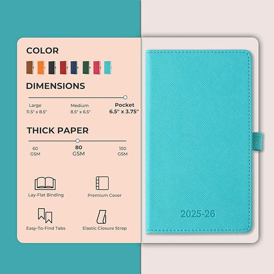 Weekly Monthly 2025-2026 Planner (July 25-Dec 26),6.5"x3.75",18 Months Agenda Plan with Month Tabs & Pocket,Expenses/Note Pages, Academic Calendar with Vegan Leather Cover,Light Blue