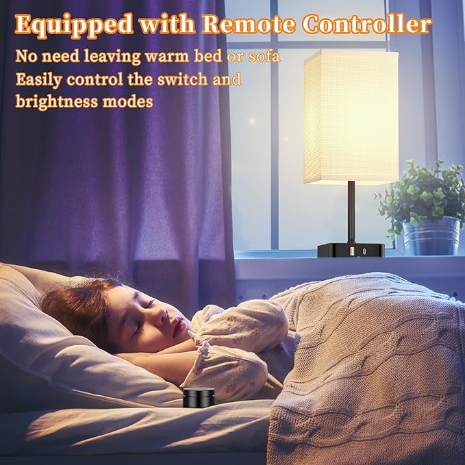 Remote Control Bedside Lamp with USB-C & USB-A Charging Ports, 2 AC Outlets, Stepless Dimming Nightstand Lamp for Bedroom- Touch & Remote Control,Warm Soft Light Table Lamp for Home, Office,Decoration
