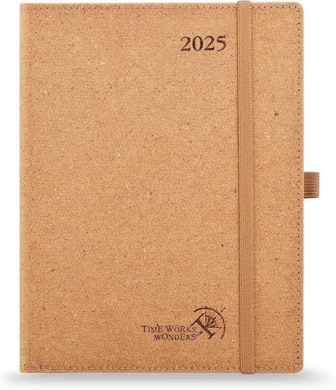 POPRUN 2025 Planner - 2025 Recycled Weekly Planner[6.5''x 8.5''- Italian Regenrated Leather Hard Cover] with Hourly Schedule & Vertical Weekly Layout, Monthly Tabs, Inner Pocket - Desert Brown