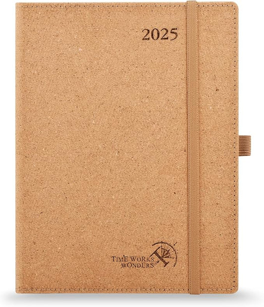 POPRUN 2025 Planner - 2025 Recycled Weekly Planner[6.5''x 8.5''- Italian Regenrated Leather Hard Cover] with Hourly Schedule & Vertical Weekly Layout, Monthly Tabs, Inner Pocket - Desert Brown