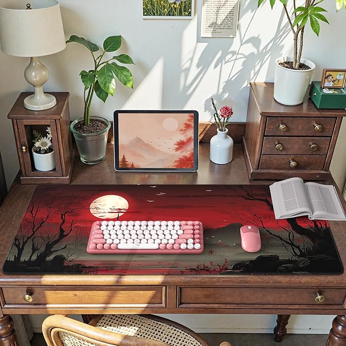 iCasso Desk Protector Mat, Large Japanese Mouse Pad, Stable Rubber Base Mousepad with Stitched Edges, Keyboard Mouse Mat Desk Pad for Work, Game, Office, Home(Full Moon)