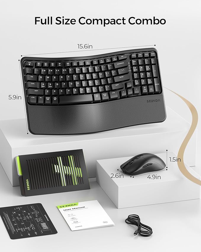 seenda Wireless Ergonomic Keyboard and Mouse, COE310 USB+Type-C+Bluetooth Multi-Device Rechargeable, Wave Keyborad, Quiet Light Mouse Compatible for Windows/macOS/PC/Laptop/MacBook/iPad - Black