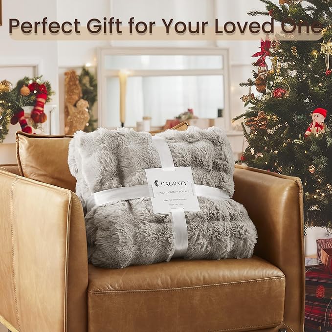 L'AGRATY Faux Rabbit Fur Blanket: 60" x 80" Twin Luxury Soft Fluffy Thick Fur Throw Blanket for Couch Bed Sofa - Cozy Plush Bubble Blankets for Winter: Flannel Fleece Decorative Blanket(Castle Grey)